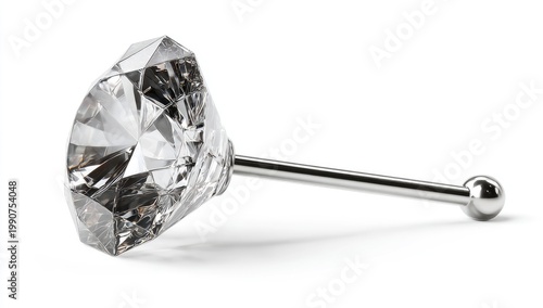 Gleaming faceted gem on slender metal post, isolated on white
