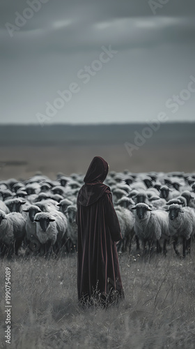 Solitary shepherd figure in a vast pasture, with herd animals scattered far in the distance across the horizon