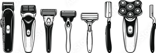 Collection of Various Grooming Tools Including Clippers, Razors, and Scrapers for Personal Care and Shaving
