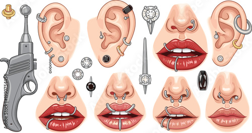 Collection of Piercing Jewelry Designs Including Ear, Nose, and Lip Piercings with Various Studs, Rings, and Tools