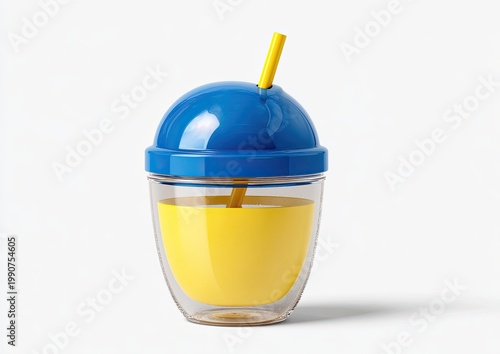 Vibrant yellow drink in a clear double-walled cup with a blue dome lid and yellow straw