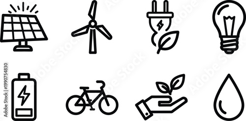 Renewable energy icons set solar wind electric eco friendly concepts editable stroke vector illustration