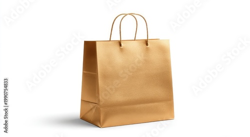 A plain golden paper shopping bag with string handles stands on white