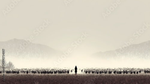 Solitary shepherd figure in a vast pasture, with herd animals scattered far in the distance across the horizon