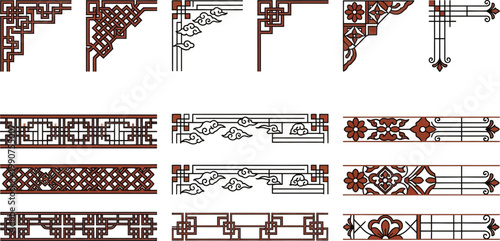 Set of twelve traditional Korean corner frames with geometric lattice patterns—minimalist vector illustration of oriental decorative borders for greeting cards and Asian cultural events.