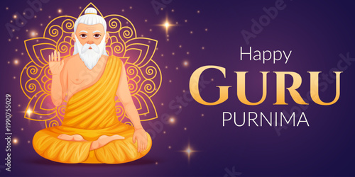 Guru purnima banner with meditating spiritual teacher and glowing mandala. Promotions, social media and festive branding vector illustration