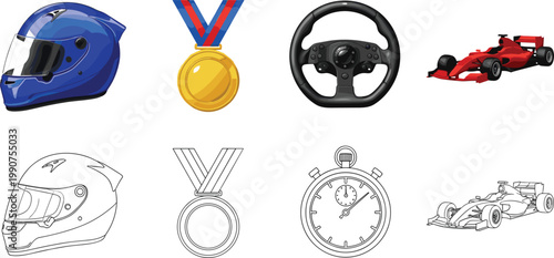 Collection of Racing and Motorsport Icons Including Helmet, Medal, Steering Wheel, Stopwatch, and Formula 1 Car