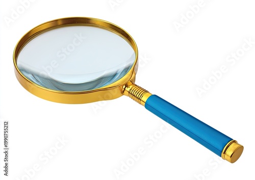 Ornate golden magnifying glass with a bright blue handle, isolated on white