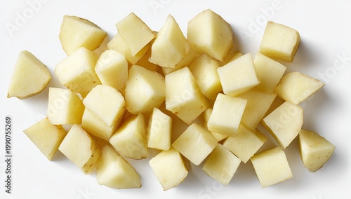 Chopped raw potato cubes on a clean white background