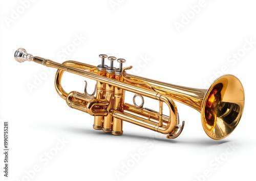 Polished brass instrument with three valves, a bell, and a mouthpiece, isolated