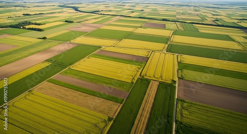 Aerial view of large patchwork fields in various shades of green and yellow
