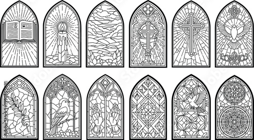 Collection of Religious and Spiritual Stained Glass Window Designs Featuring Crosses, Birds, and Sacred Symbols