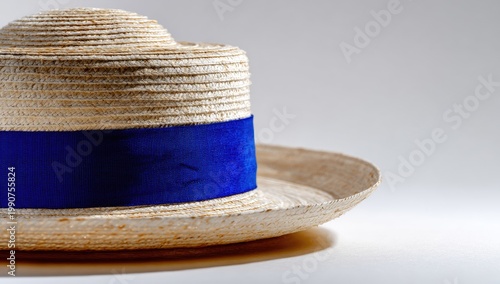 Straw hat with vibrant blue band, detailed texture, bright lighting, close-up