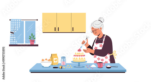 An elderly woman with grey hair and glasses meticulously decorates a tiered cream cake with pink frosting using a piping bag in a cozy kitchen setting.