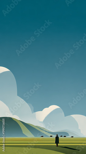 Solitary shepherd figure in a vast pasture, with herd animals scattered far in the distance across the horizon