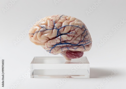 Anatomical brain model with detailed vasculature on clear display stand