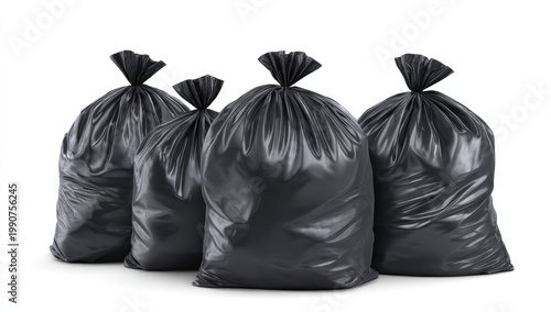Four dark, full, tied refuse sacks clustered together against a white background