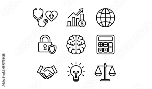  set of modern line art icons representing various business and healthcare concepts