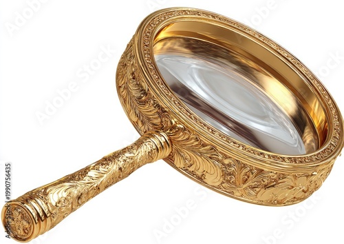 Ornate gilded hand mirror with intricate floral carvings on handle.  Magnifying