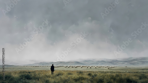 Solitary shepherd figure in a vast pasture, with herd animals scattered far in the distance across the horizon