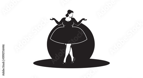 Silhouette of plus size woman in elegant dress standing on stage, body positivity concept, vector illustration.