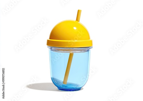 Blue transparent cup with yellow dome lid and matching straw