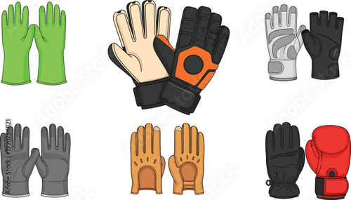 Various Set of Sports and Work Gloves in Different Colors and Styles, Including Protective and Fingerless Designs for Safety and Comfort