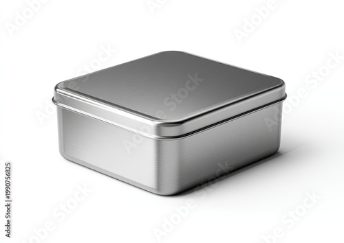 A polished silver rectangular tin box sits on a white surface