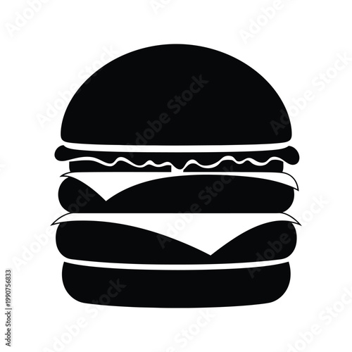 Stylized double cheeseburger icon in black silhouette, isolated on a white background, representing fast food and American cuisine.