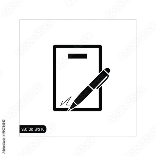 Stylized black and white illustration of a document or paper with signature and pen, representing agreement or contract.