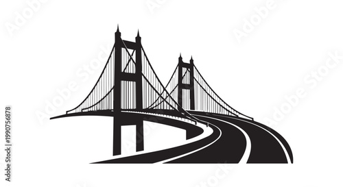 Suspension bridge silhouette with winding road perspective vector illustration leading toward architectural landmarks at dusk.