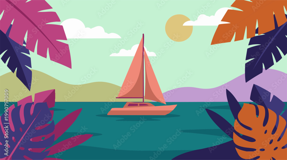 Naklejka premium Tropical landscape with sailboat and exotic leaves on serene water