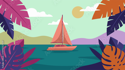 Tropical landscape with sailboat and exotic leaves on serene water
