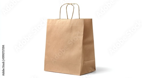 A plain brown paper bag with twisted paper handles, standing upright