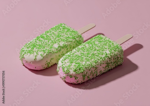 Two pink and white ice cream bars coated in bright green sprinkles
