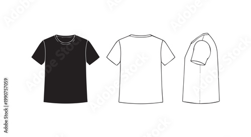 T-shirt template mockup set featuring front back and side views for apparel design presentation and clothing manufacturing.