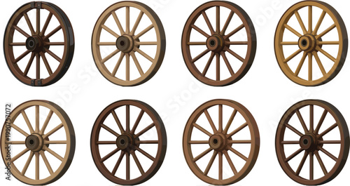 Set of antique wooden wagon wheels with spokes and rim isolated on white background for rustic western farmhouse and vintage carriage design projects