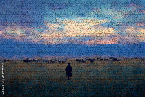 Solitary shepherd figure in a vast pasture, with herd animals scattered far in the distance across the horizon