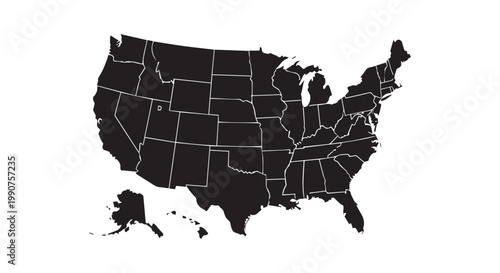 United states map with individual state borders black silhouette isolated on white background for travel and geography design.