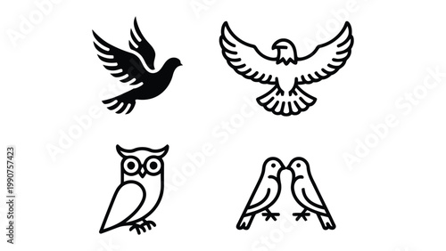 Bird silhouettes icons set: A minimalist collection of bird icons perfect for design projects, including a dove, an eagle, an owl, and two lovebirds.