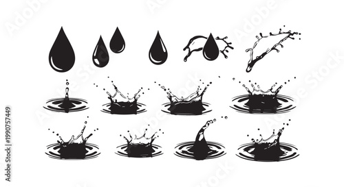 Water drop and splash silhouettes collection featuring ripple effects and liquid motion shapes for cleaning and nature design.