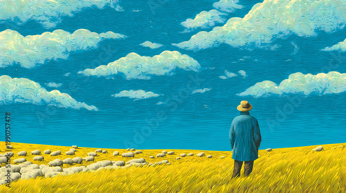 Solitary shepherd figure in a vast pasture, with herd animals scattered far in the distance across the horizon