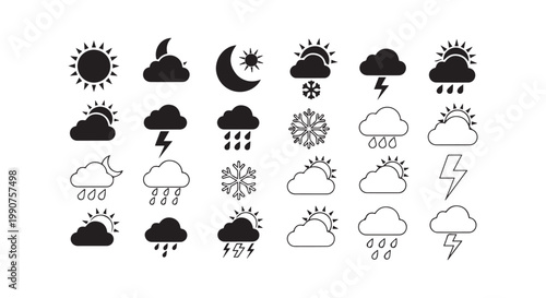 Weather forecast icon set with sun clouds rain snow moon and lightning symbols for meteorology reporting and climate mobile.