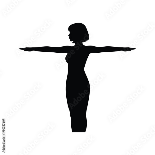 Woman silhouette in t-pose, female figure with arms outstretched, isolated on white background.