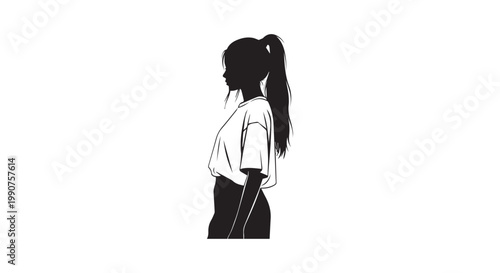 Woman silhouette with ponytail and cropped t-shirt vector illustration, black and white minimal graphic.
