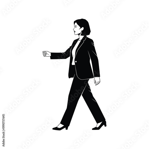 Woman walking on isolated white background, side view of business woman in suit walking to left, black and white.