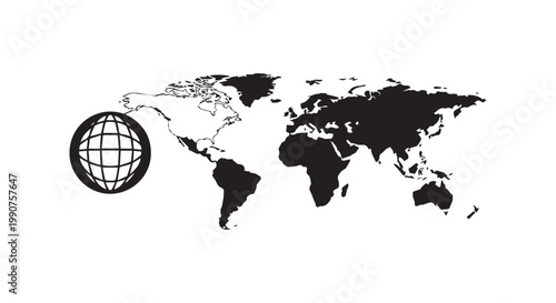 World map and globe illustration representing global communication travel and international business connections worldwide.
