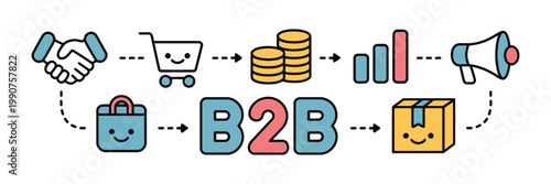 B2b business concept illustration with icons of handshake, shopping cart, coins, growth chart, megaphone, shopping bag and delivery box
