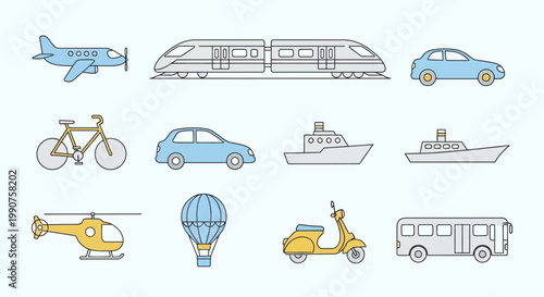 Collection of diverse transportation vehicles and modes of travel.