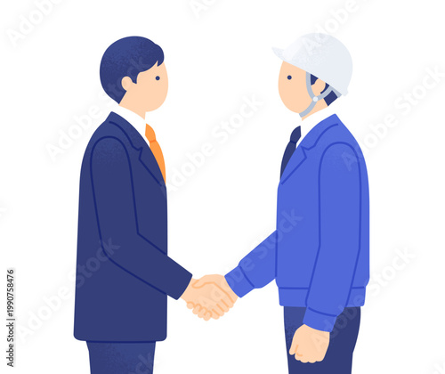 スーツ姿のビジネスマンと現場作業員が握手するイラスト 協力関係を表す横顔の人物素材